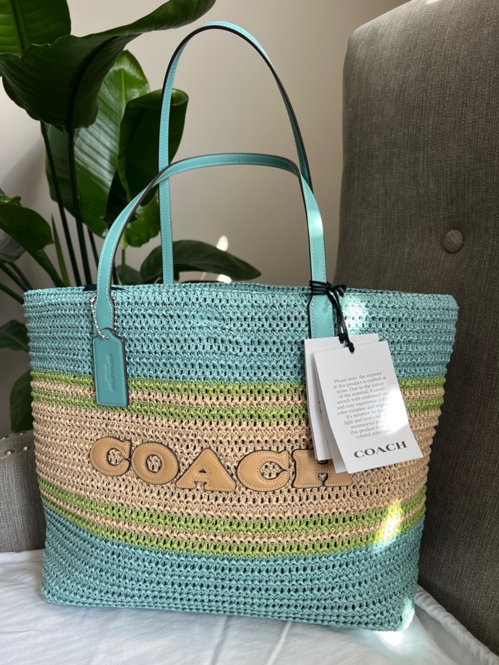NWT Coach Straw City Tote Light Turquoise Multi -Limited seasonal release - Picture 1 of 9